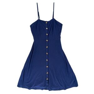 BeryDress M Navy Blue Button Down A-Line Midi Dress Spaghetti Strap Cotton Blend